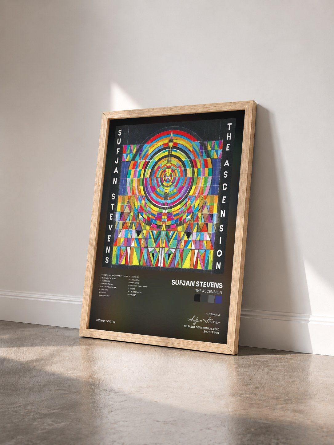 #bois Tableau de l'album The Ascension de Sufjan Stevens vu de trois quarts, cadre en bois brut