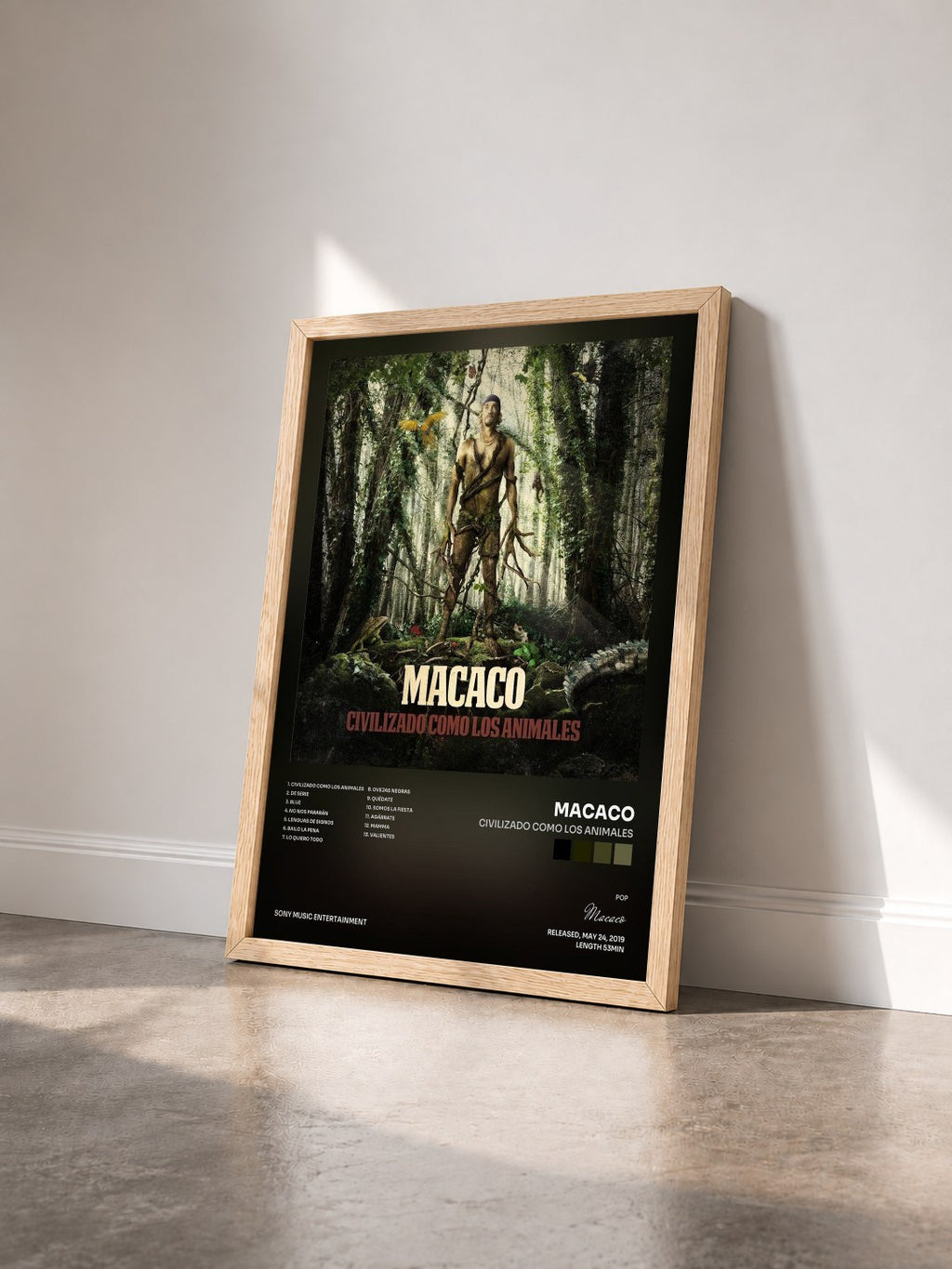 #bois Tableau de l'album Civilizado Como Los Animales de Macaco vu de trois quarts, cadre en bois brut