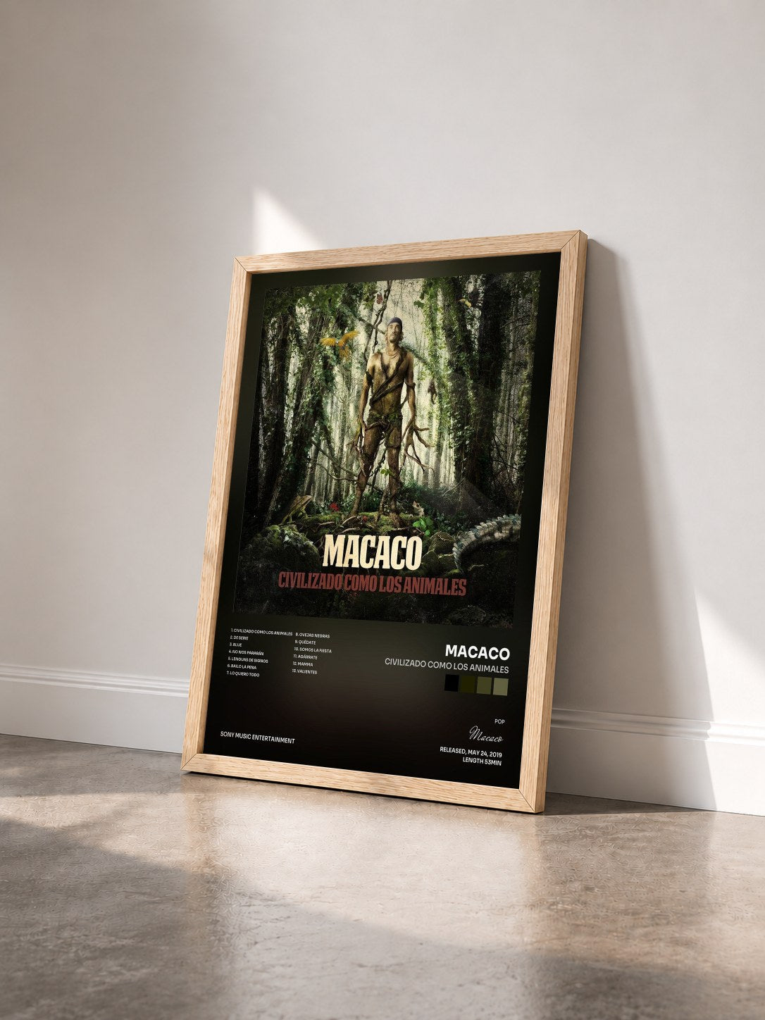 #bois Tableau de l'album Civilizado Como Los Animales de Macaco vu de trois quarts, cadre en bois brut