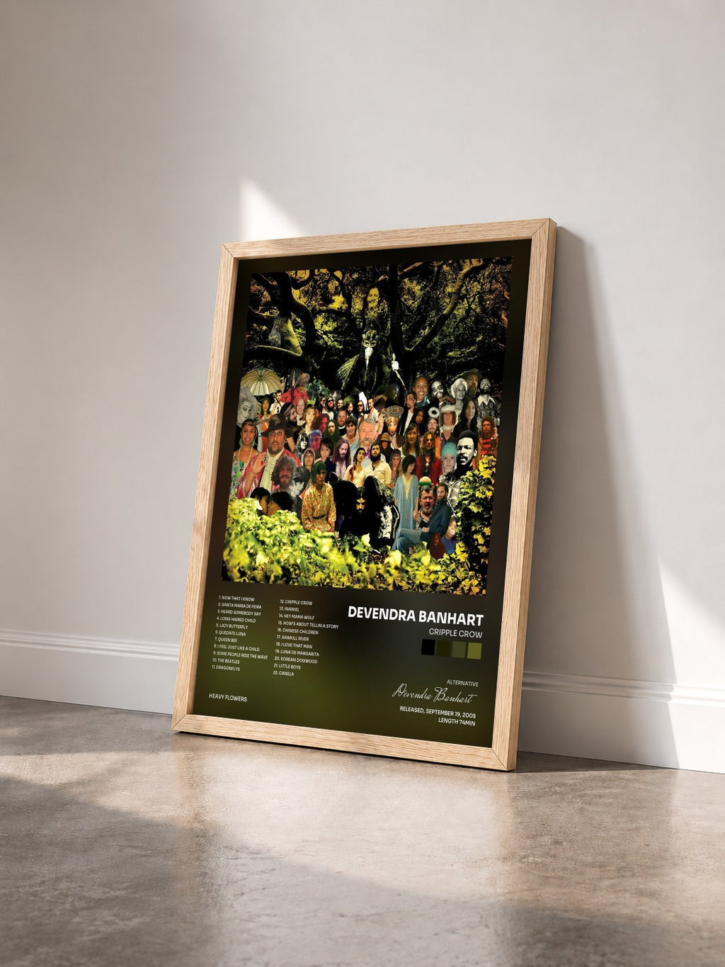 #bois Tableau de l'album Cripple Crow de Devendra Banhart vu de trois quarts, cadre en bois brut