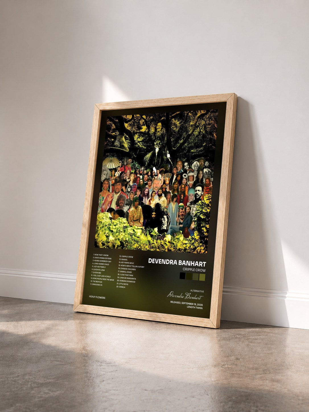 #bois Tableau de l'album Cripple Crow de Devendra Banhart vu de trois quarts, cadre en bois brut
