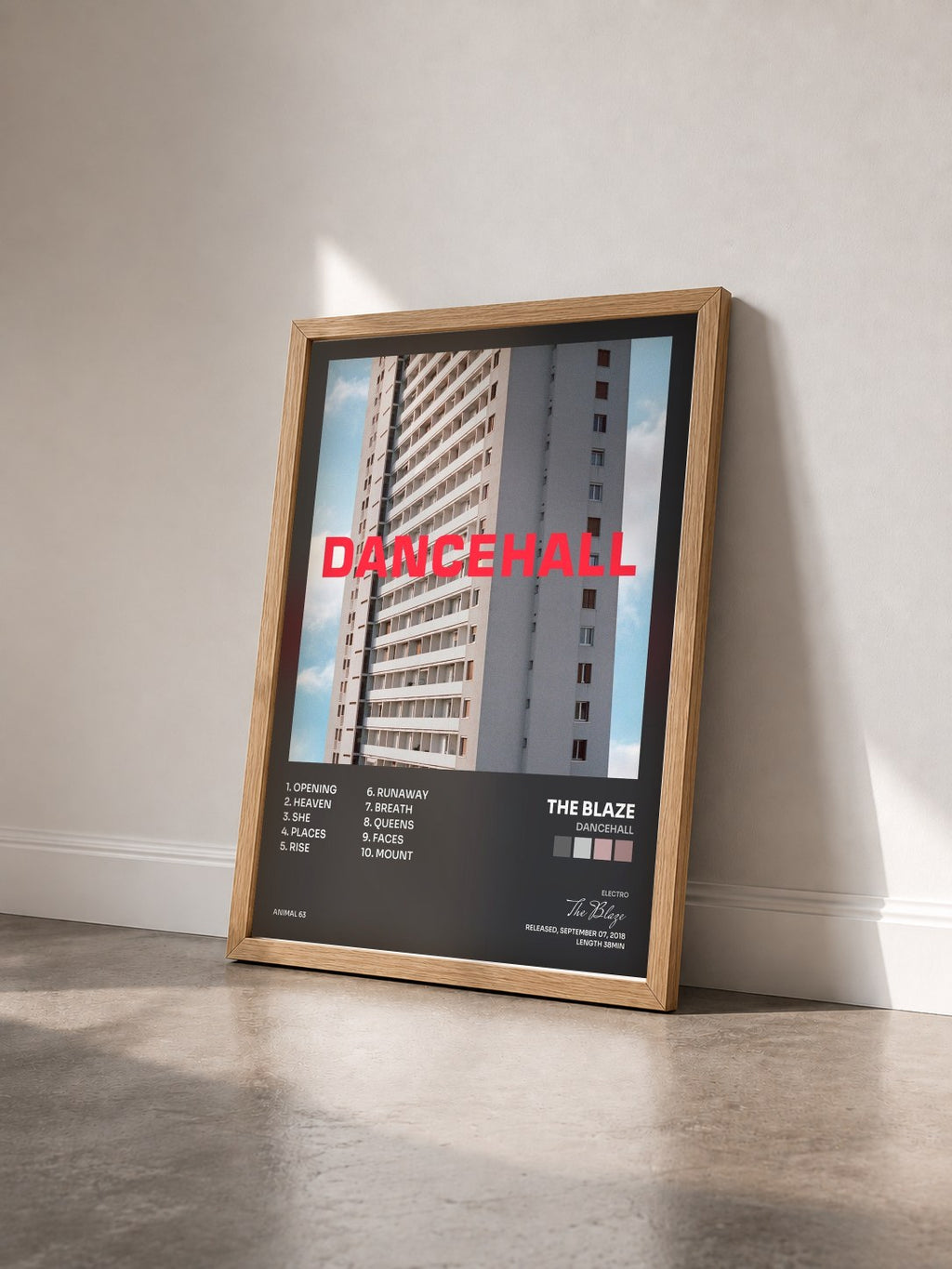 #bois Tableau de l'album DANCEHALL de The Blaze vu de trois quarts, cadre en bois brut