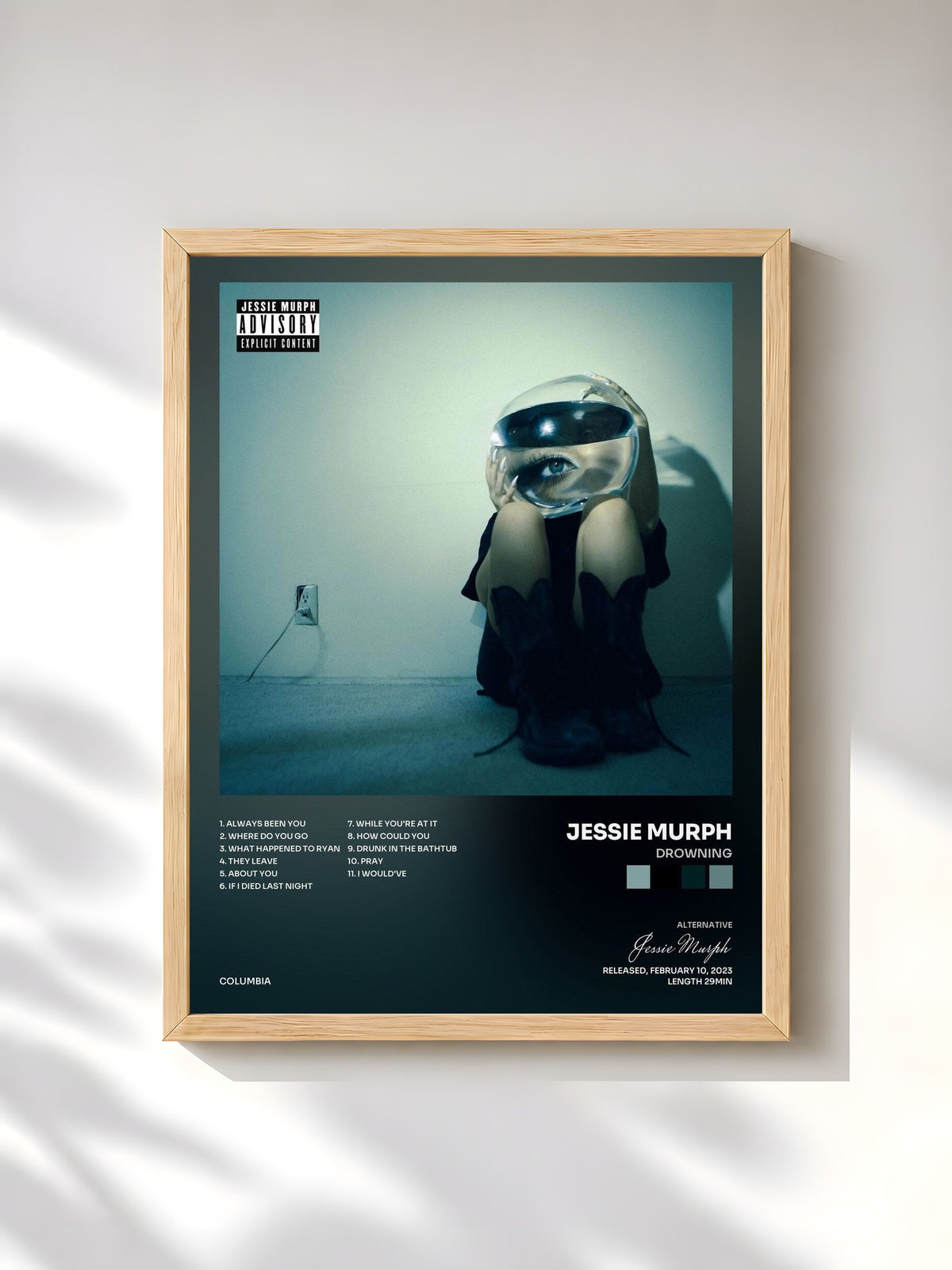 #bois Tableau de l'album drowning de Jessie Murph, cadre en bois brut, imprimé et encadré en France