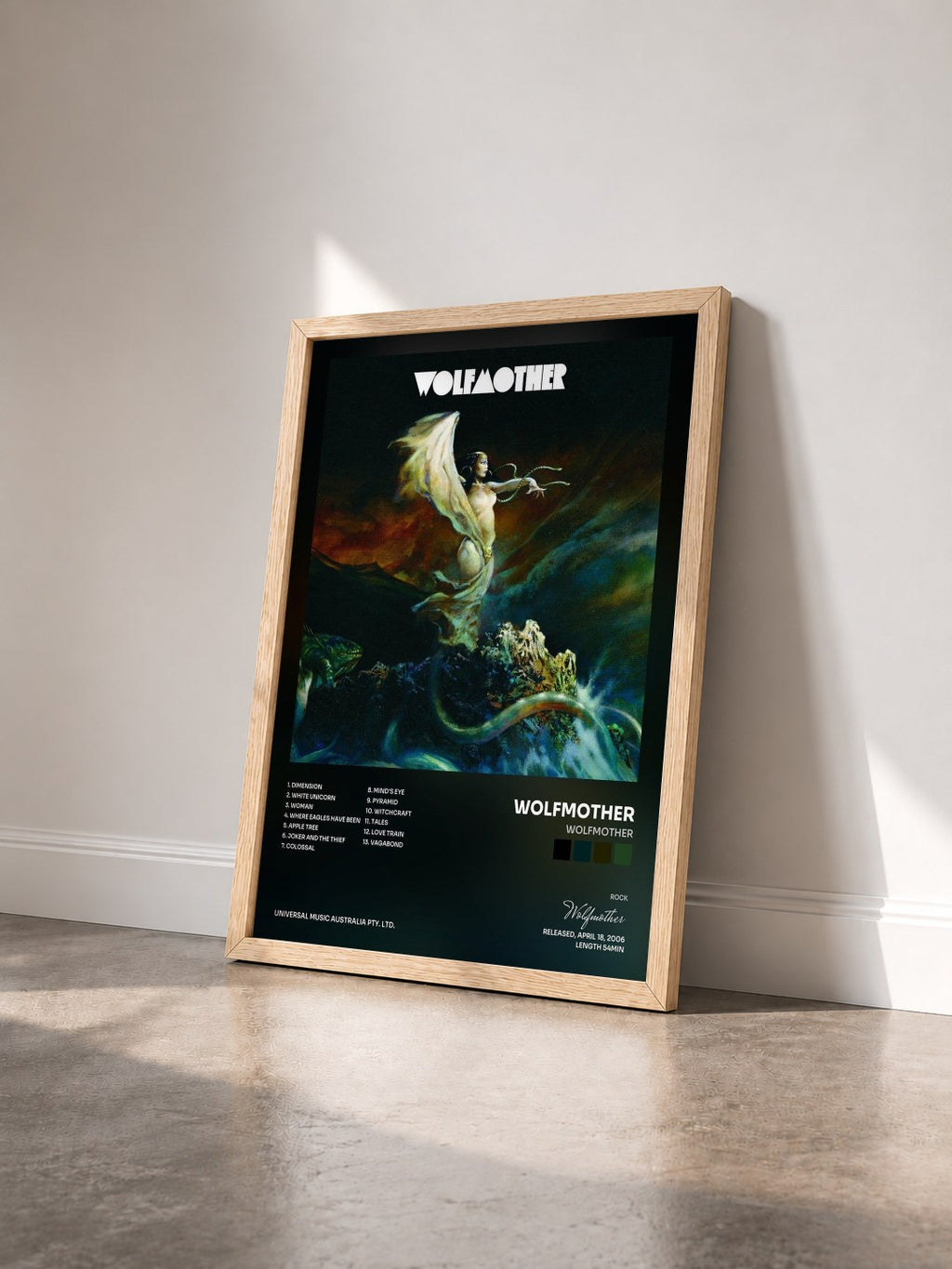#bois Tableau de l'album Wolfmother de Wolfmother vu de trois quarts, cadre en bois brut