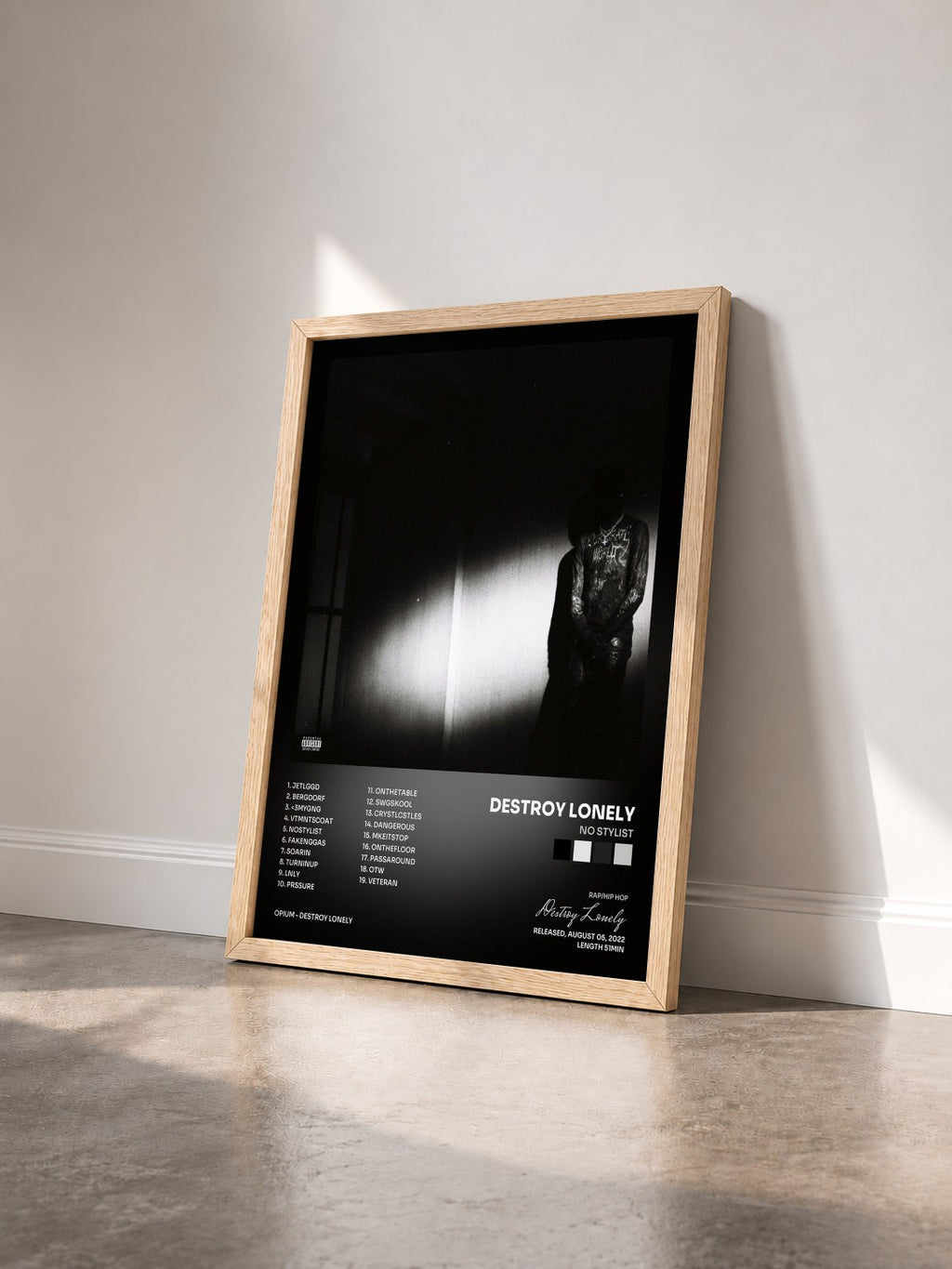 #bois Tableau de l'album NO STYLIST de Destroy Lonely vu de trois quarts, cadre en bois brut