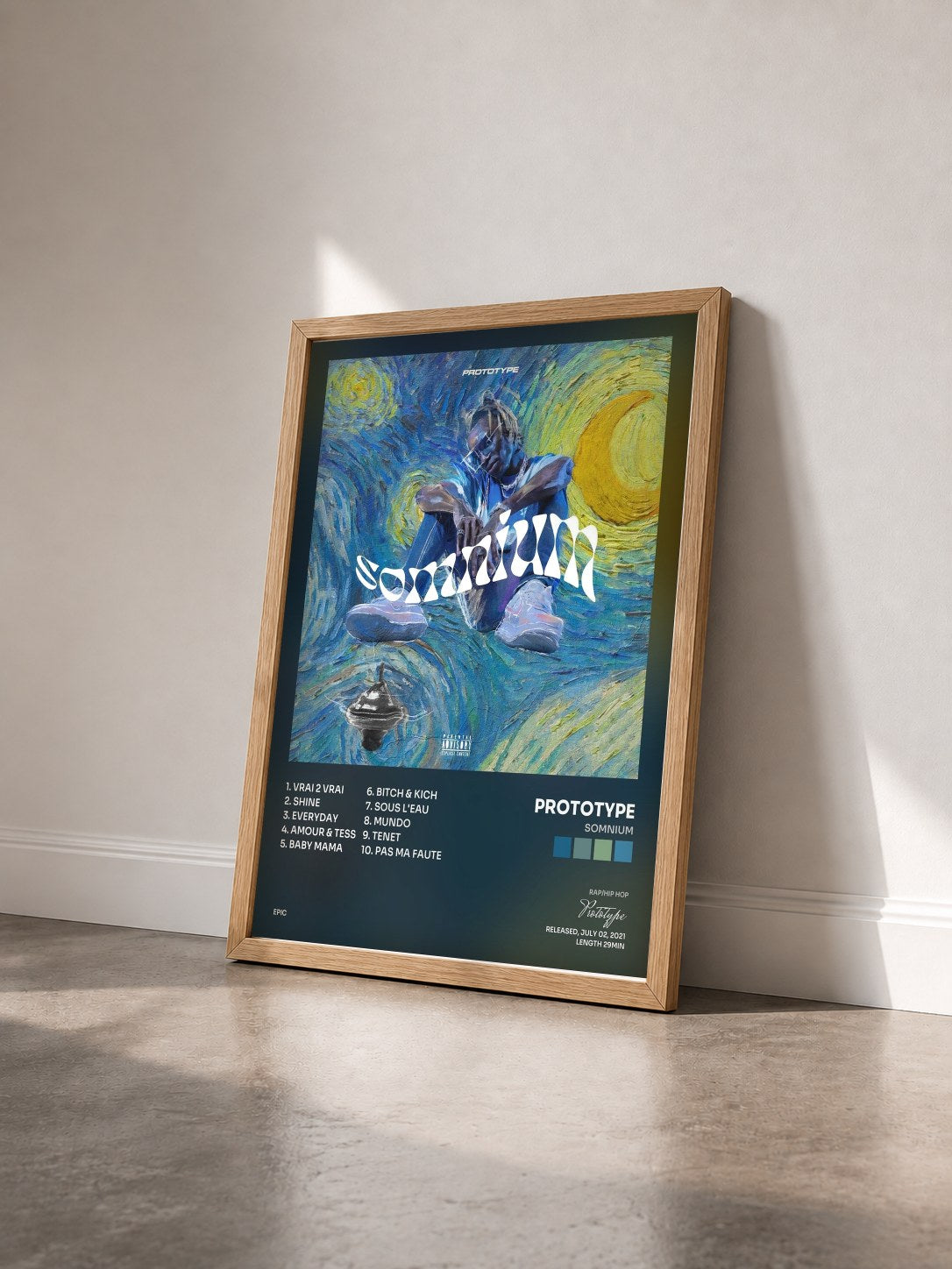 #bois Tableau de l'album Somnium de Prototype vu de trois quarts, cadre en bois brut