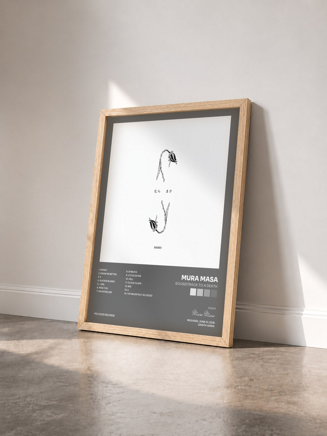 #bois Tableau de l'album Soundtrack To A Death de Mura Masa vu de trois quarts, cadre en bois brut