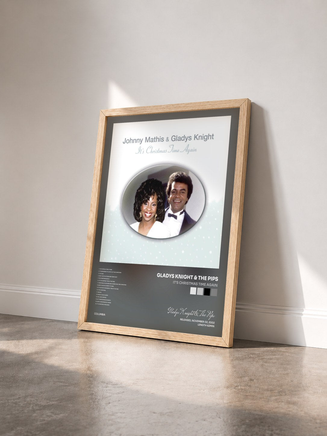 #bois Tableau de l'album It's Christmas Time Again de Gladys Knight & The Pips vu de trois quarts, cadre en bois brut