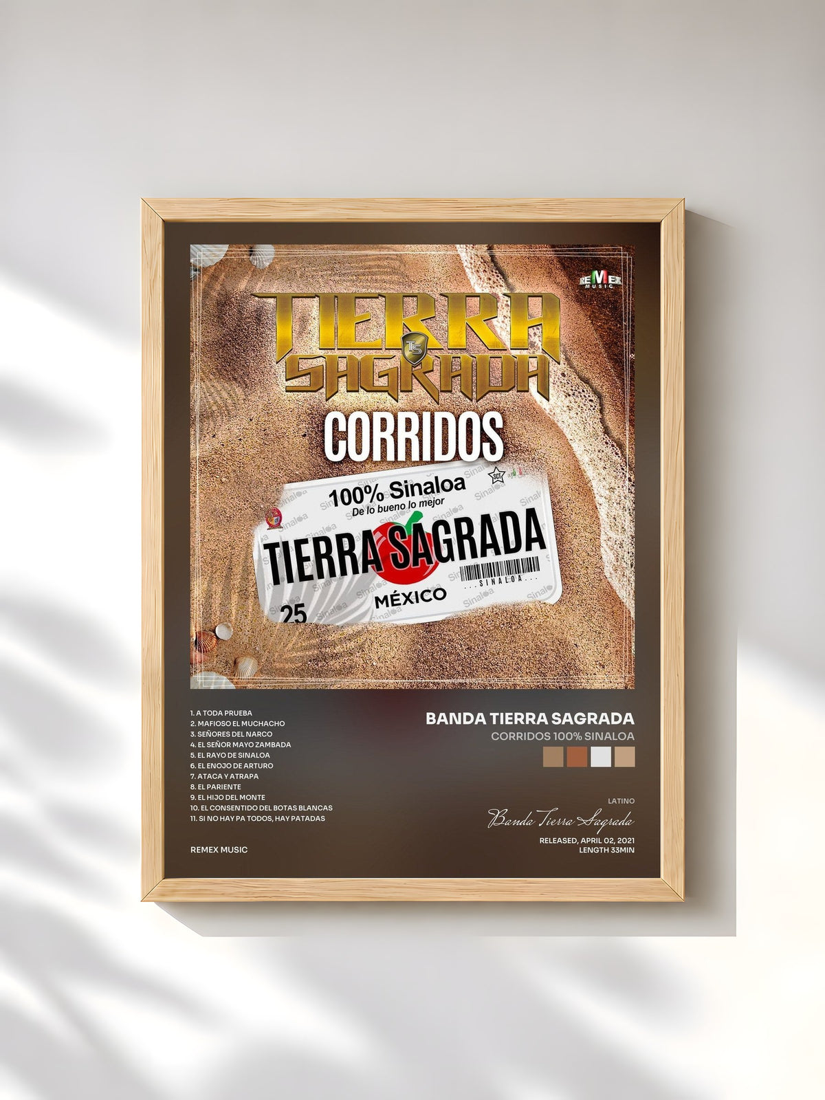 #bois Tableau de l'album Corridos 100% Sinaloa de Banda Tierra Sagrada, cadre en bois brut, imprimé et encadré en France