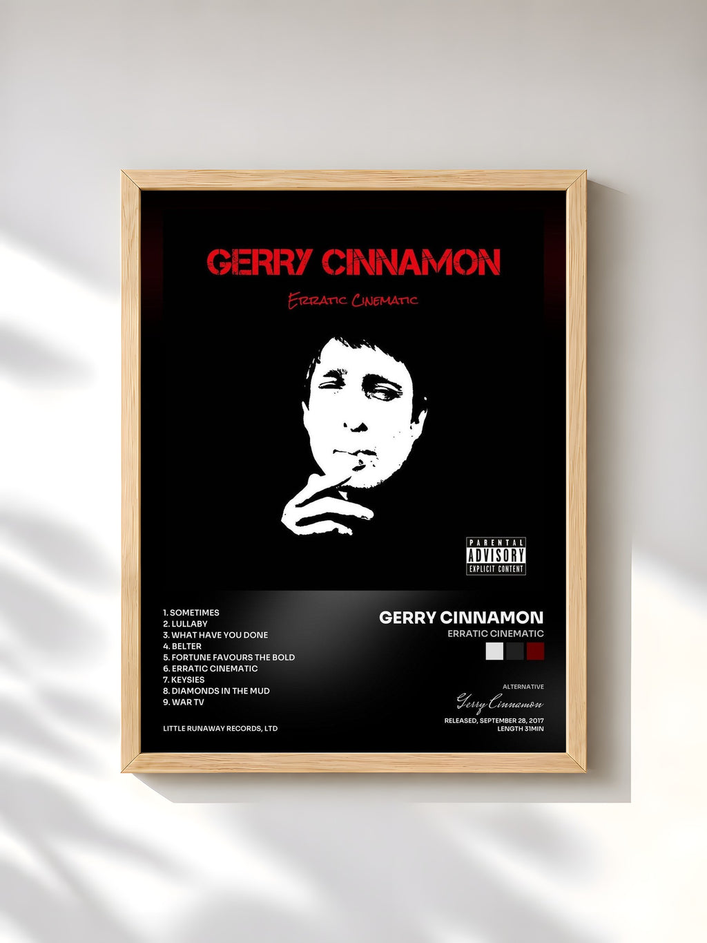 #bois Tableau de l'album Erratic Cinematic de Gerry Cinnamon, cadre en bois brut, imprimé et encadré en France