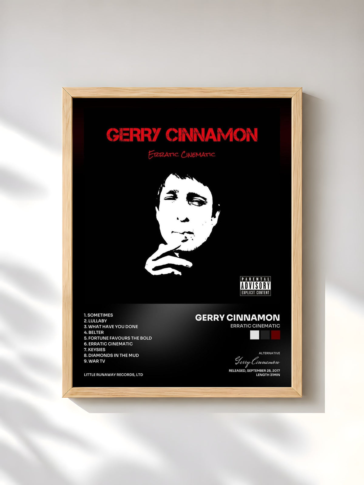 #bois Tableau de l'album Erratic Cinematic de Gerry Cinnamon, cadre en bois brut, imprimé et encadré en France
