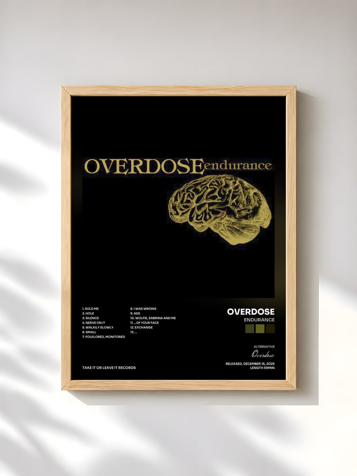 #bois Tableau de l'album Endurance de Overdose, cadre en bois brut, imprimé et encadré en France