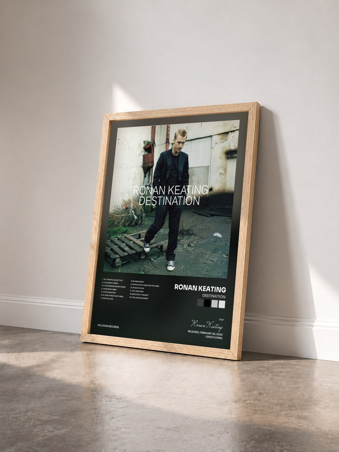 #bois Tableau de l'album Destination de Ronan Keating vu de trois quarts, cadre en bois brut