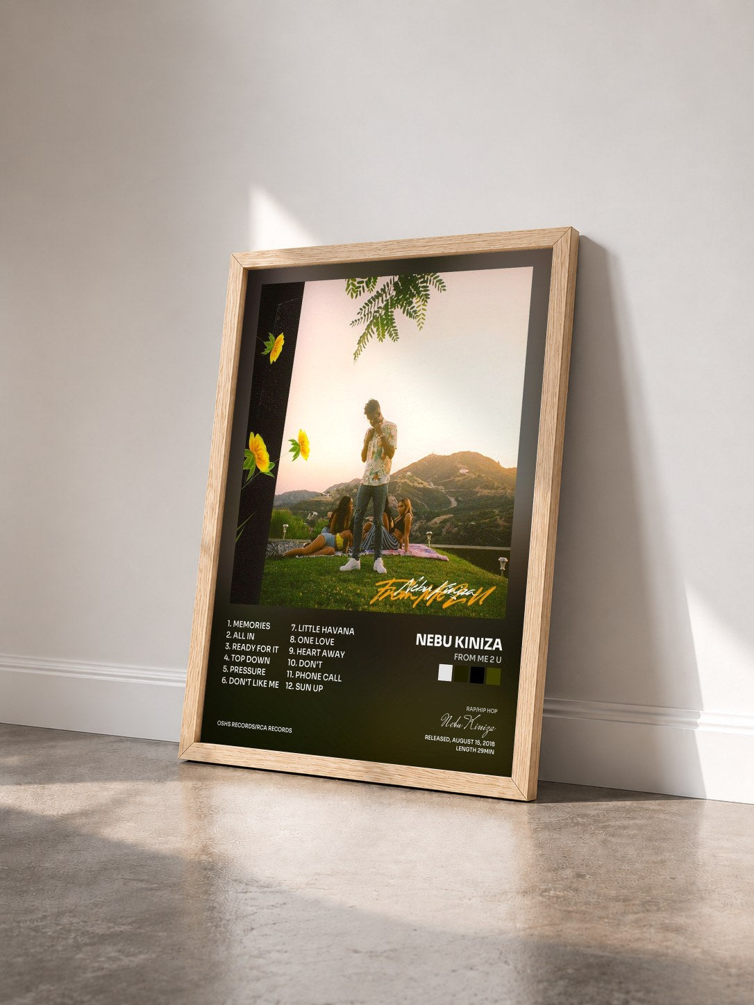 #bois Tableau de l'album From Me 2 U de Nebu Kiniza vu de trois quarts, cadre en bois brut
