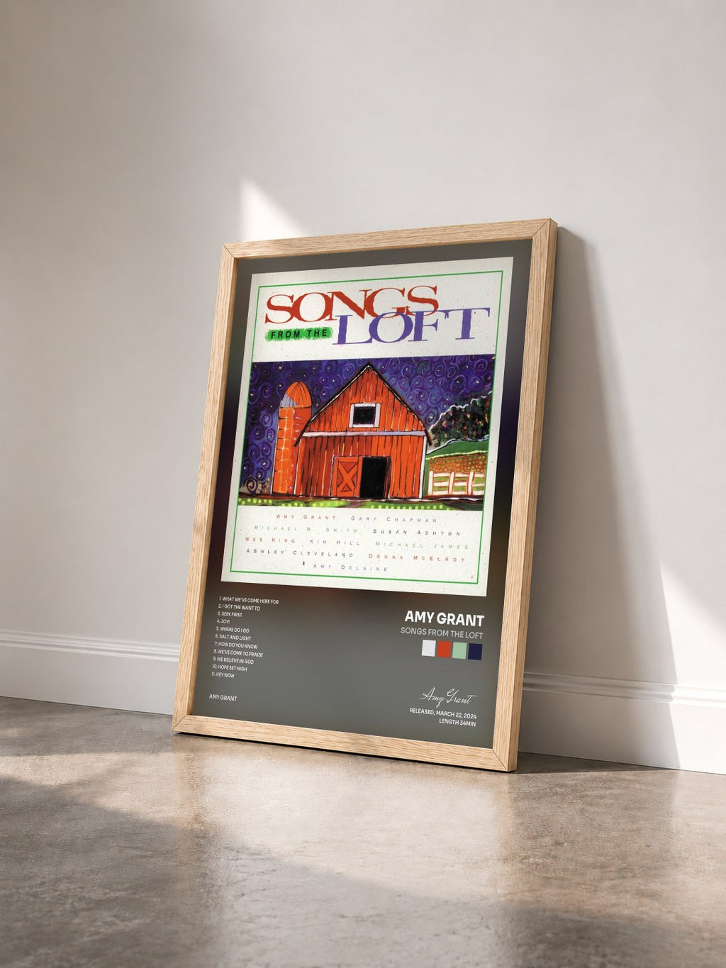 #bois Tableau de l'album Songs From The Loft de Amy Grant vu de trois quarts, cadre en bois brut