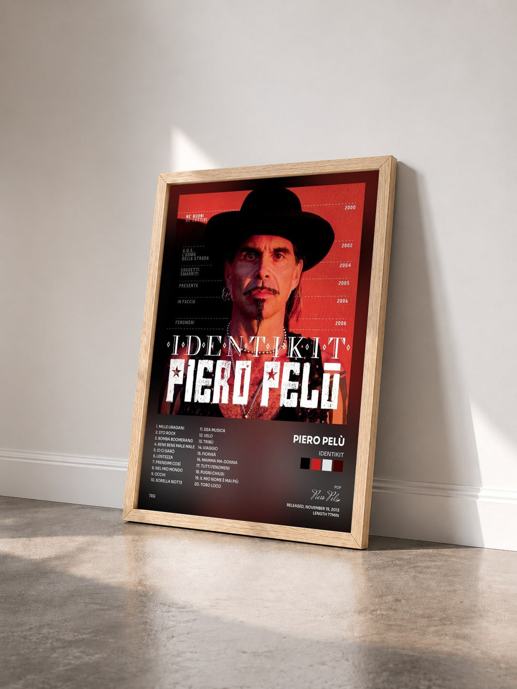 #bois Tableau de l'album Identikit de Piero Pelù vu de trois quarts, cadre en bois brut