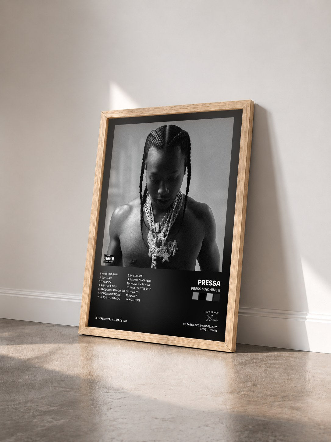 #bois Tableau de l'album Press Machine II de Pressa vu de trois quarts, cadre en bois brut