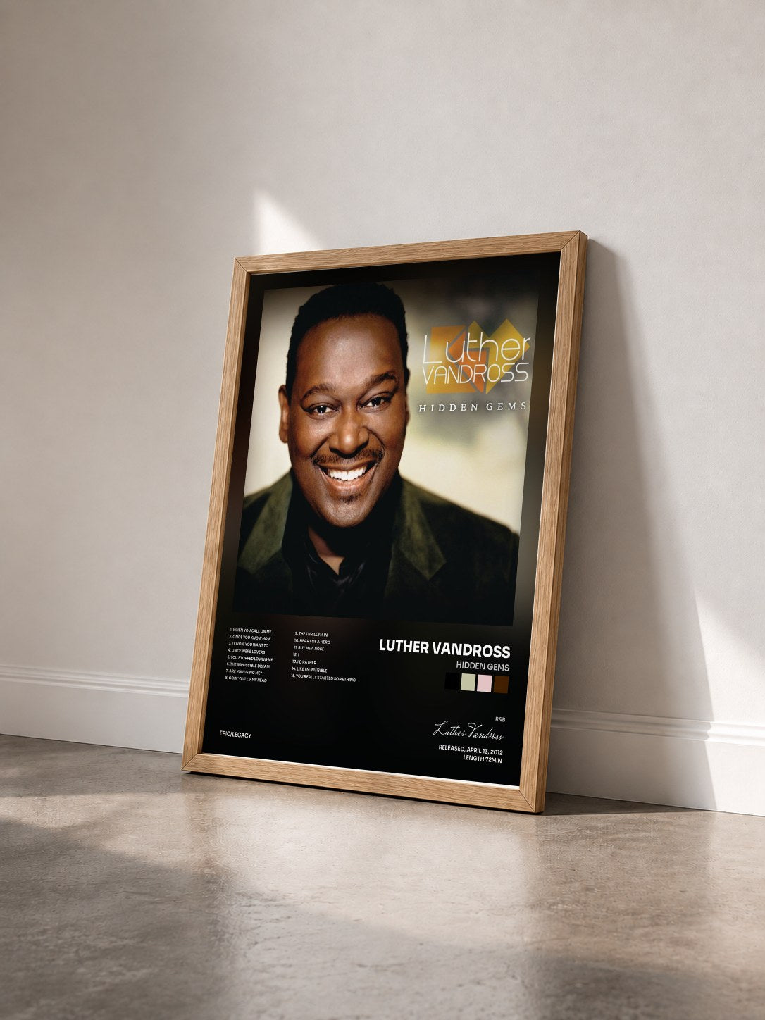 #bois Tableau de l'album Hidden Gems de Luther Vandross vu de trois quarts, cadre en bois brut