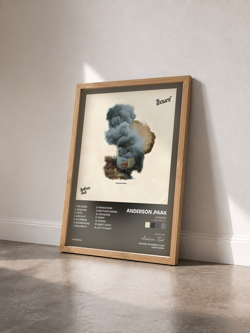 #bois Tableau de l'album Oxnard (Instrumentals) de Anderson .Paak vu de trois quarts, cadre en bois brut
