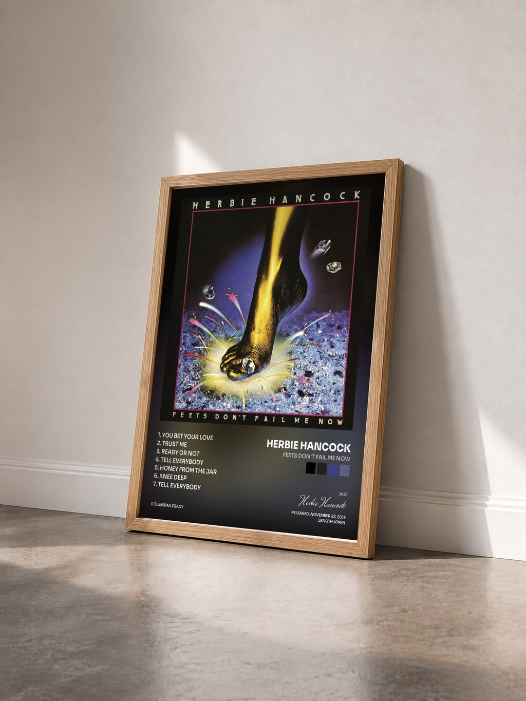 #bois Tableau de l'album Feets Don't Fail Me Now de Herbie Hancock vu de trois quarts, cadre en bois brut