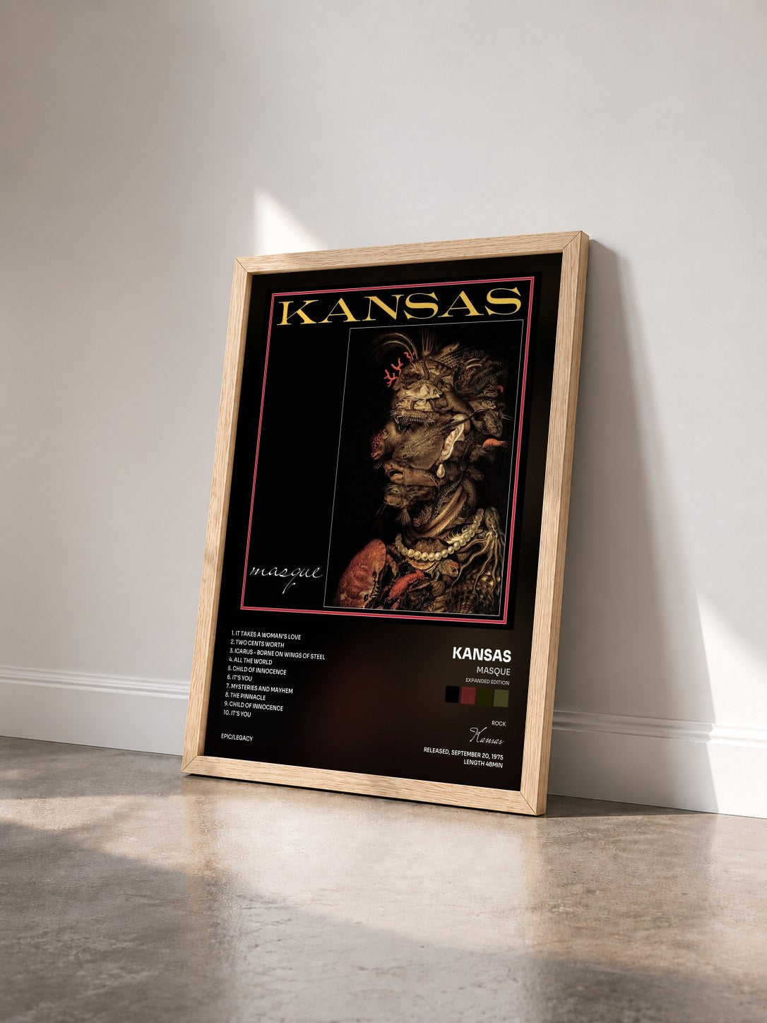 #bois Tableau de l'album Masque (Expanded Edition) de Kansas vu de trois quarts, cadre en bois brut