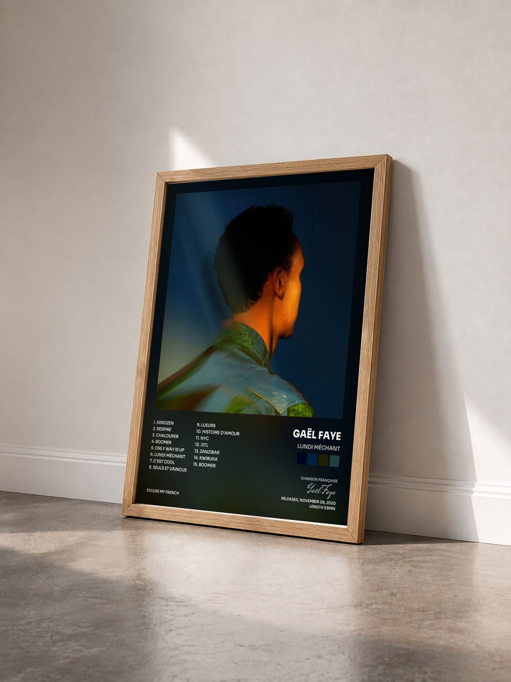 #bois Tableau de l'album Lundi Méchant de Gaël Faye vu de trois quarts, cadre en bois brut
