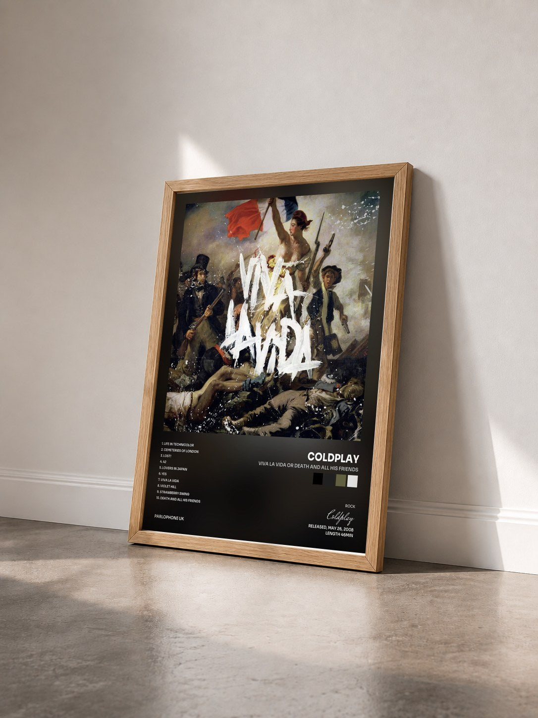 #bois Tableau de l'album Viva La Vida or Death and All His Friends de Coldplay vu de trois quarts, cadre en bois brut