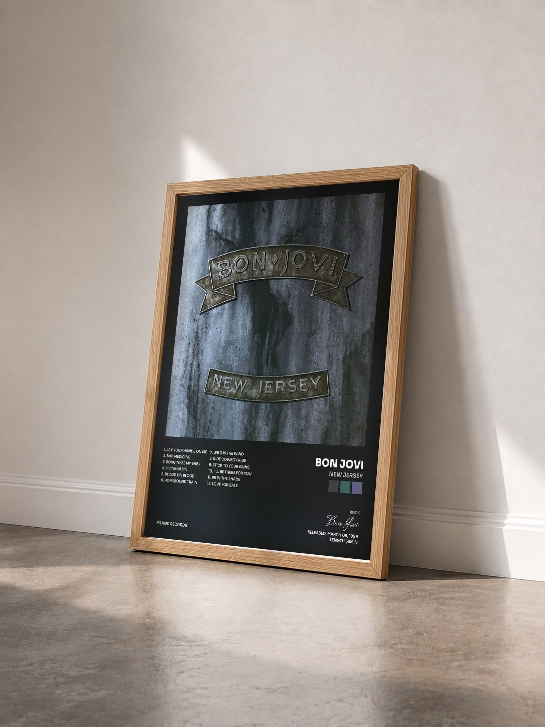 #bois Tableau de l'album New Jersey de Bon Jovi vu de trois quarts, cadre en bois brut