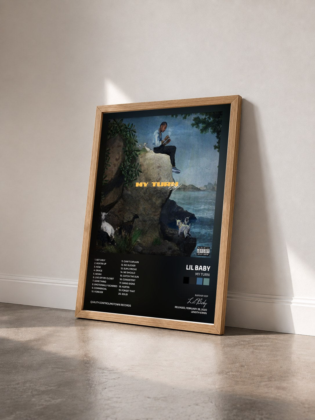 #bois Tableau de l'album My Turn de Lil Baby vu de trois quarts, cadre en bois brut
