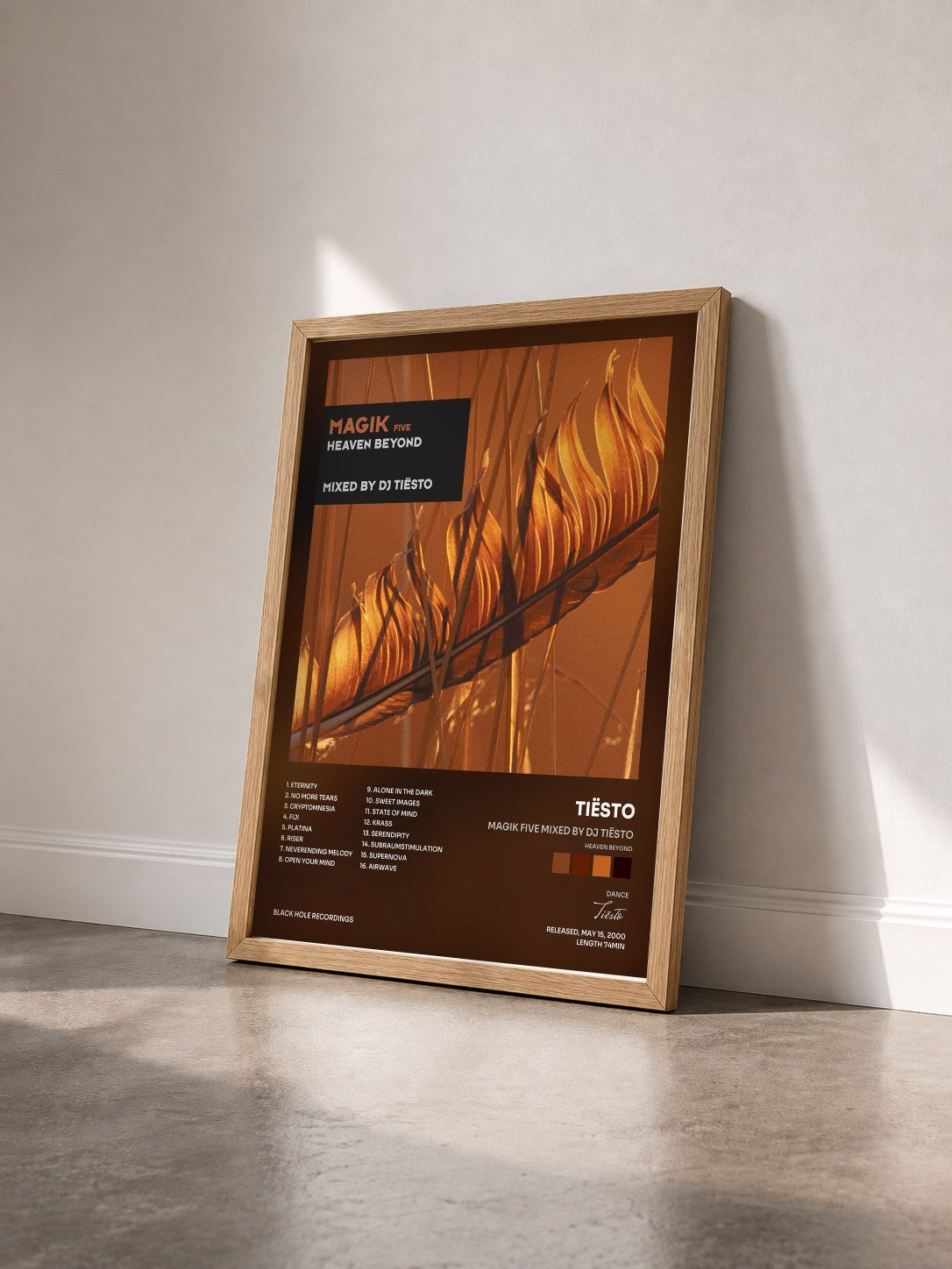#bois Tableau de l'album Magik Five mixed by DJ Tiësto (Heaven Beyond) de Tiësto vu de trois quarts, cadre en bois brut