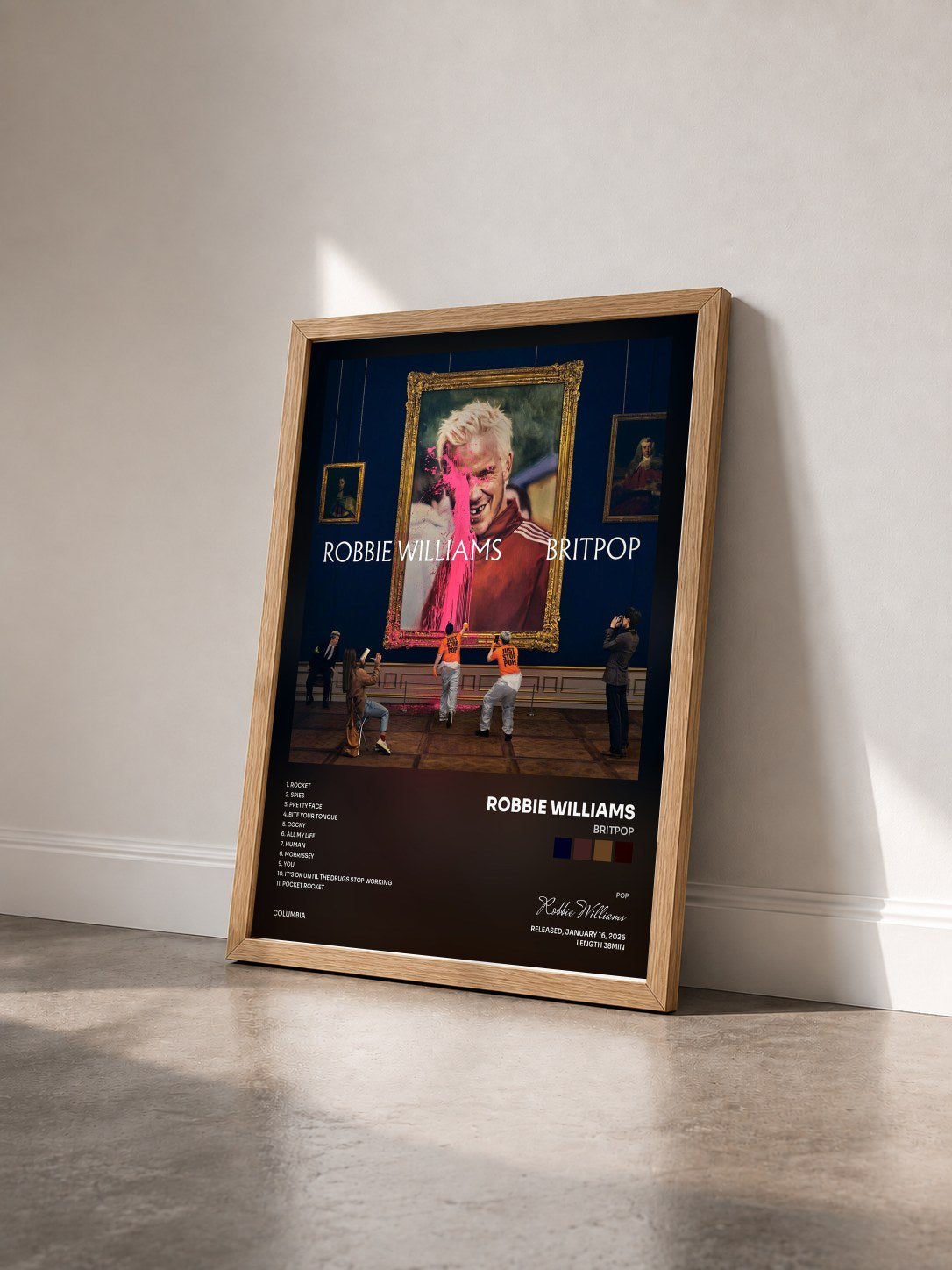 #bois Tableau de l'album BRITPOP de Robbie Williams vu de trois quarts, cadre en bois brut