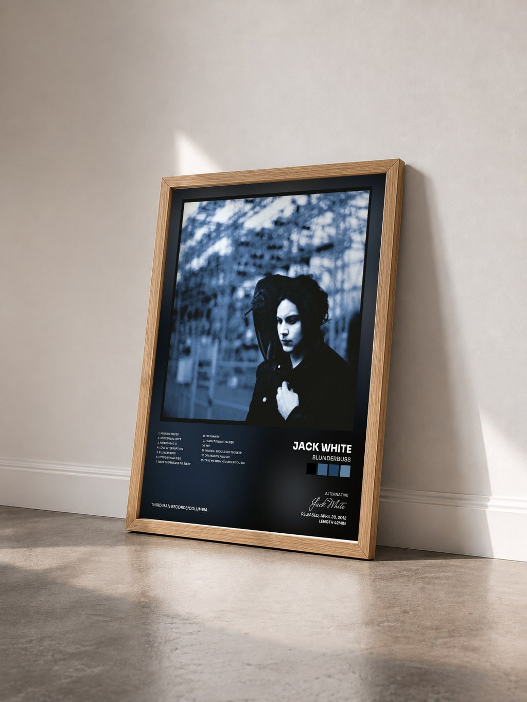 #bois Tableau de l'album Blunderbuss de Jack White vu de trois quarts, cadre en bois brut