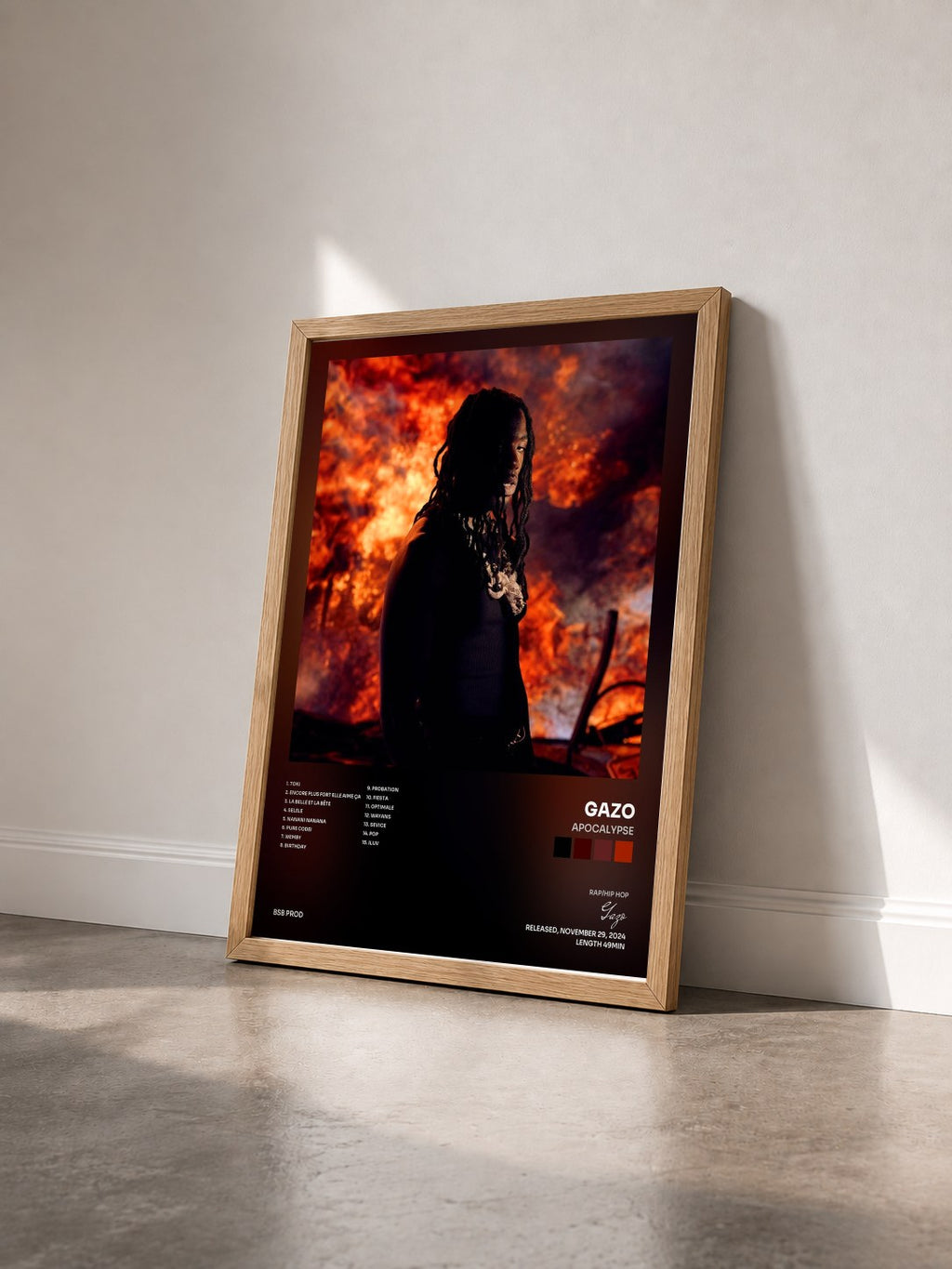 #bois Tableau de l'album APOCALYPSE de Gazo vu de trois quarts, cadre en bois brut