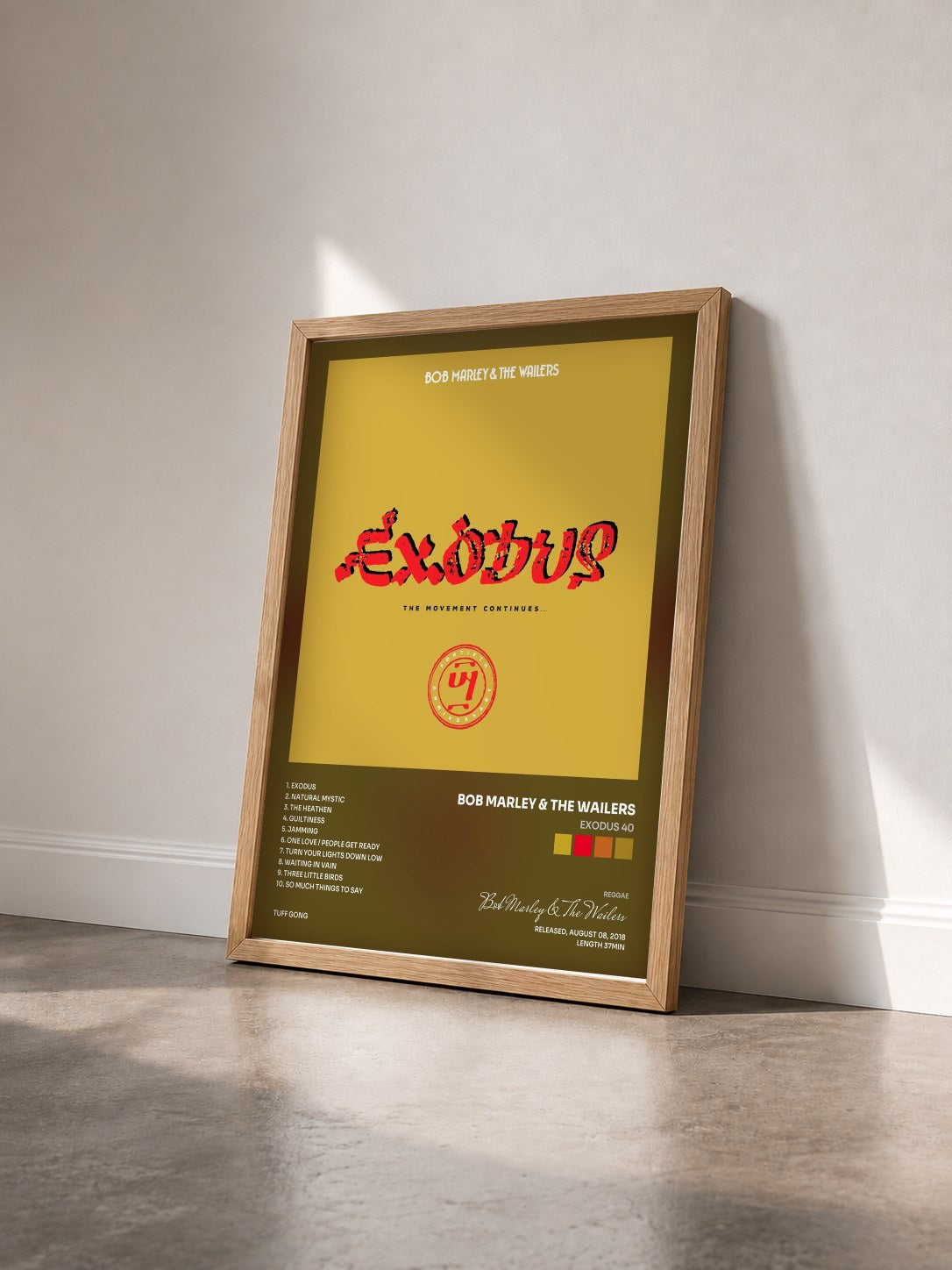 #bois Tableau de l'album Exodus 40 de Bob Marley & The Wailers vu de trois quarts, cadre en bois brut