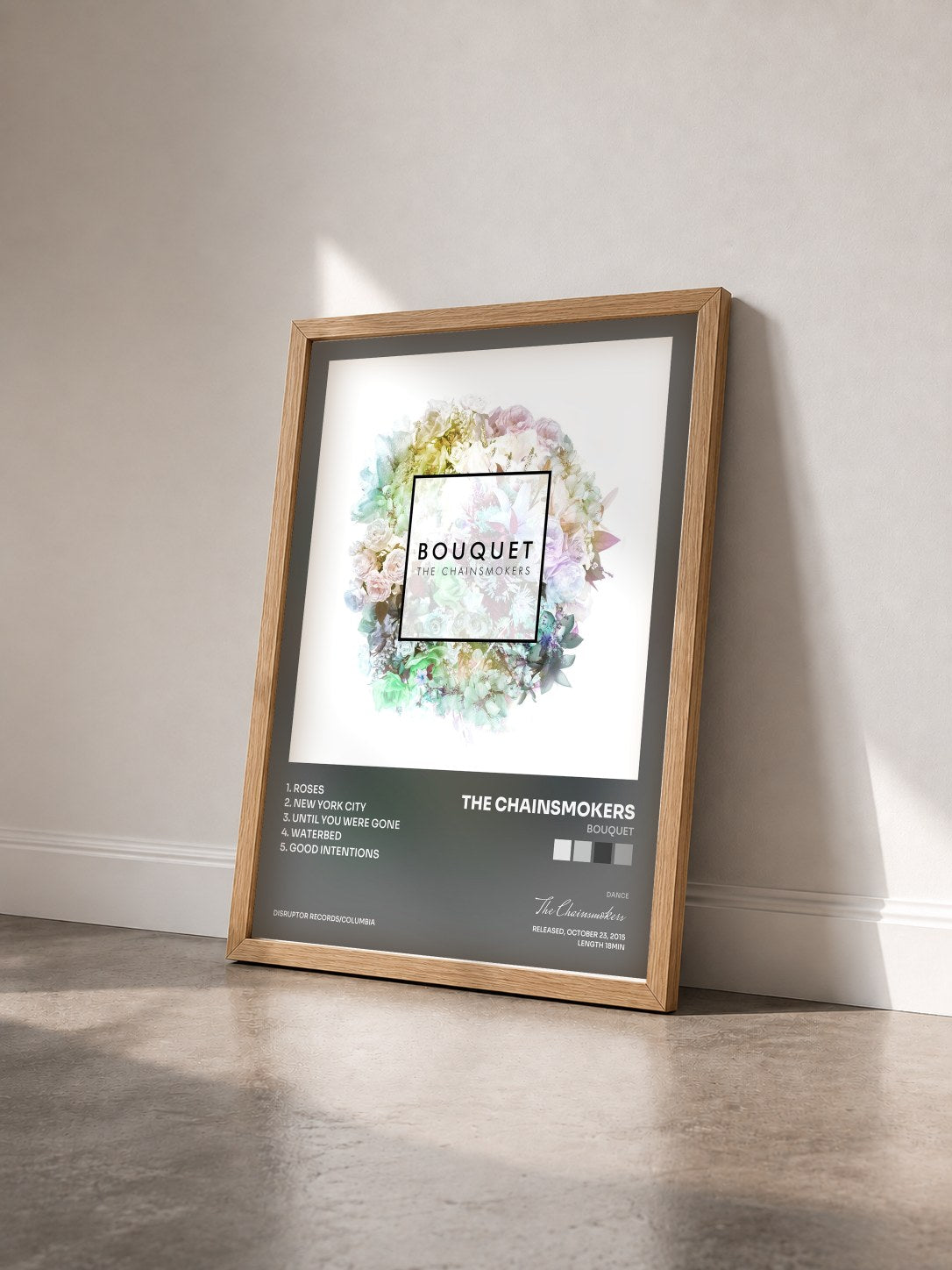 #bois Tableau de l'album Bouquet de The Chainsmokers vu de trois quarts, cadre en bois brut
