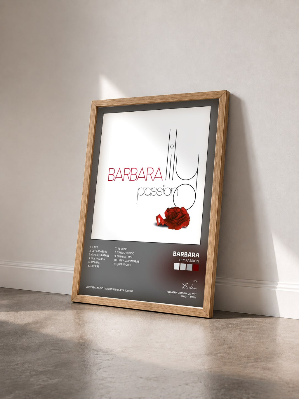 #bois Tableau de l'album Lily passion de Barbara vu de trois quarts, cadre en bois brut