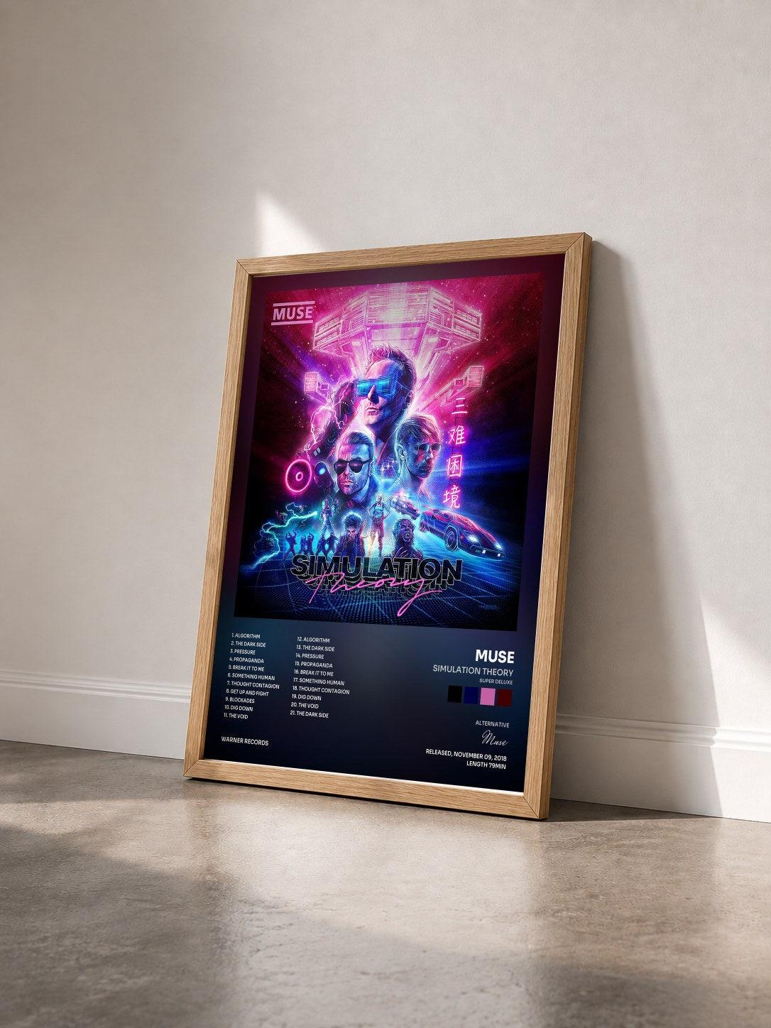 #bois Tableau de l'album Simulation Theory (Super Deluxe) de Muse vu de trois quarts, cadre en bois brut