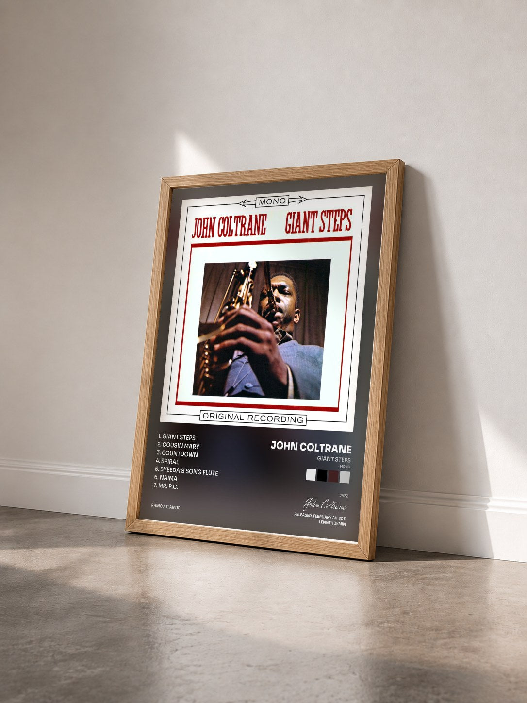 #bois Tableau de l'album Giant Steps (Mono) de John Coltrane vu de trois quarts, cadre en bois brut
