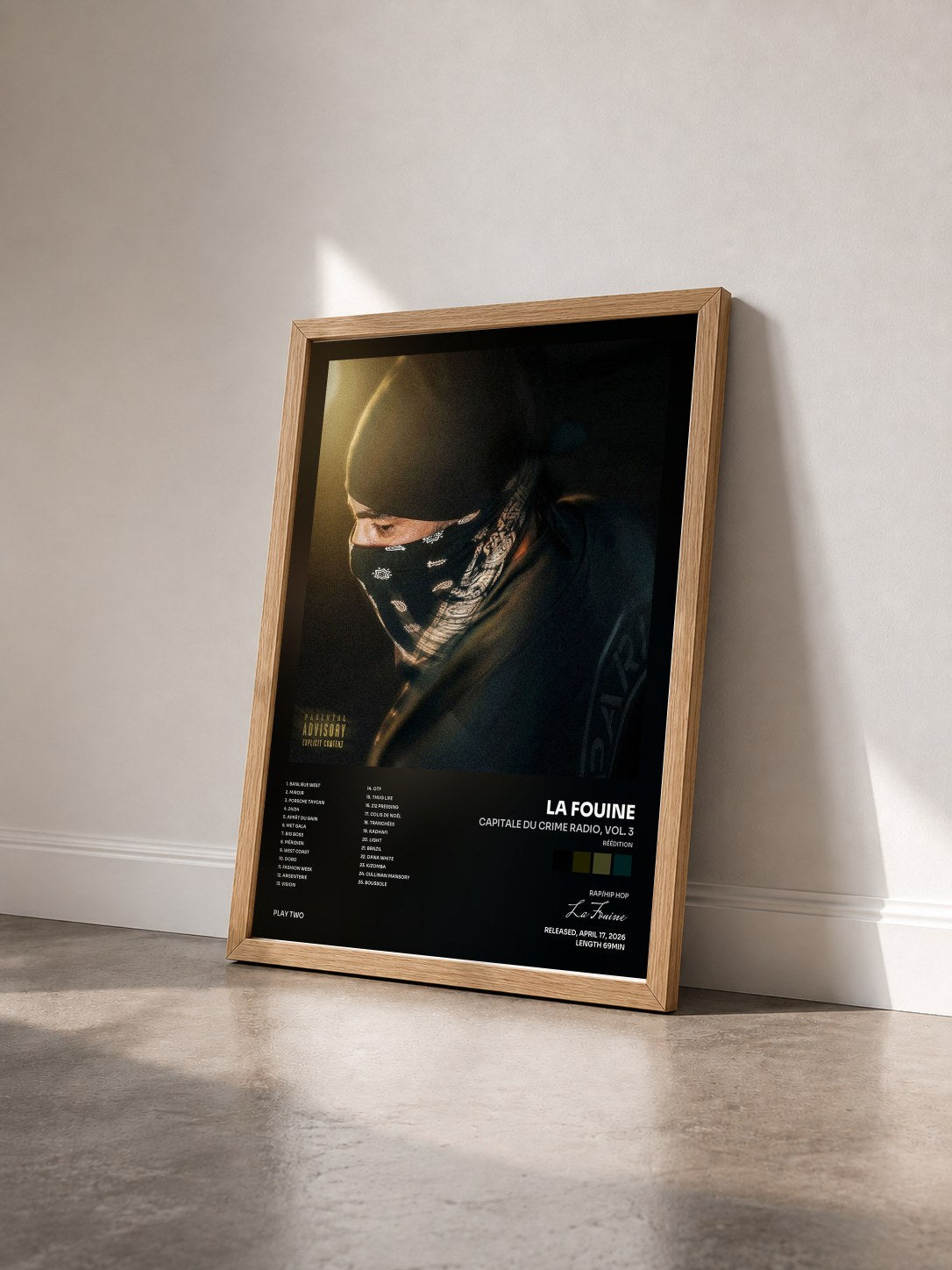 #bois Tableau de l'album CAPITALE DU CRIME RADIO, vol. 3 (Réédition) de La Fouine vu de trois quarts, cadre en bois brut