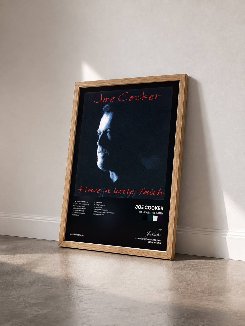 #bois Tableau de l'album Have a Little Faith de Joe Cocker vu de trois quarts, cadre en bois brut