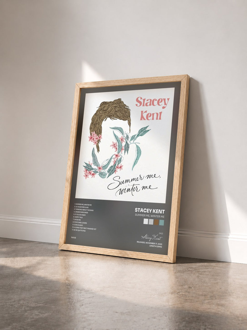 #bois Tableau de l'album Summer Me, Winter Me de Stacey Kent vu de trois quarts, cadre en bois brut
