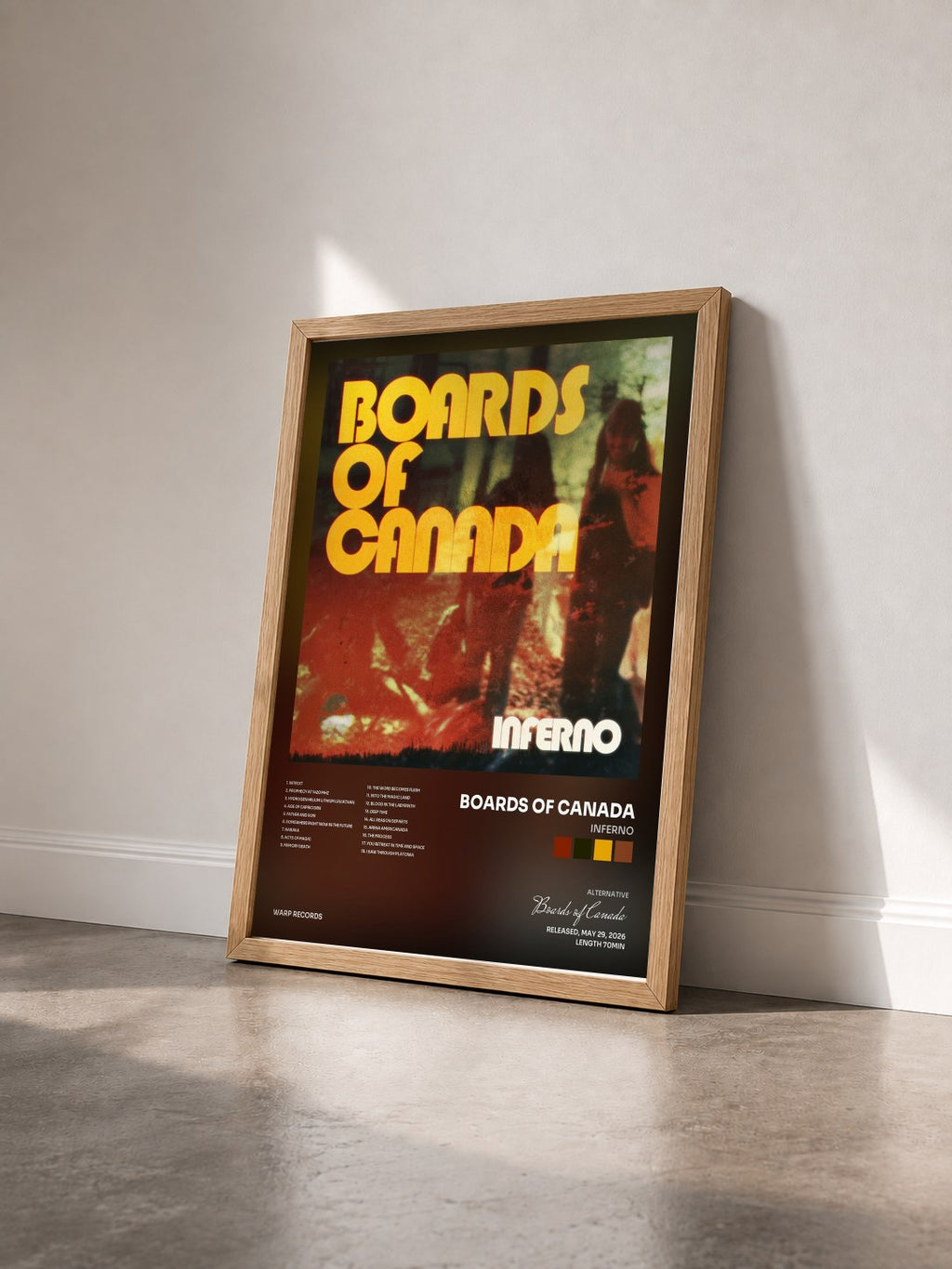 #bois Tableau de l'album Inferno de Boards of Canada vu de trois quarts, cadre en bois brut