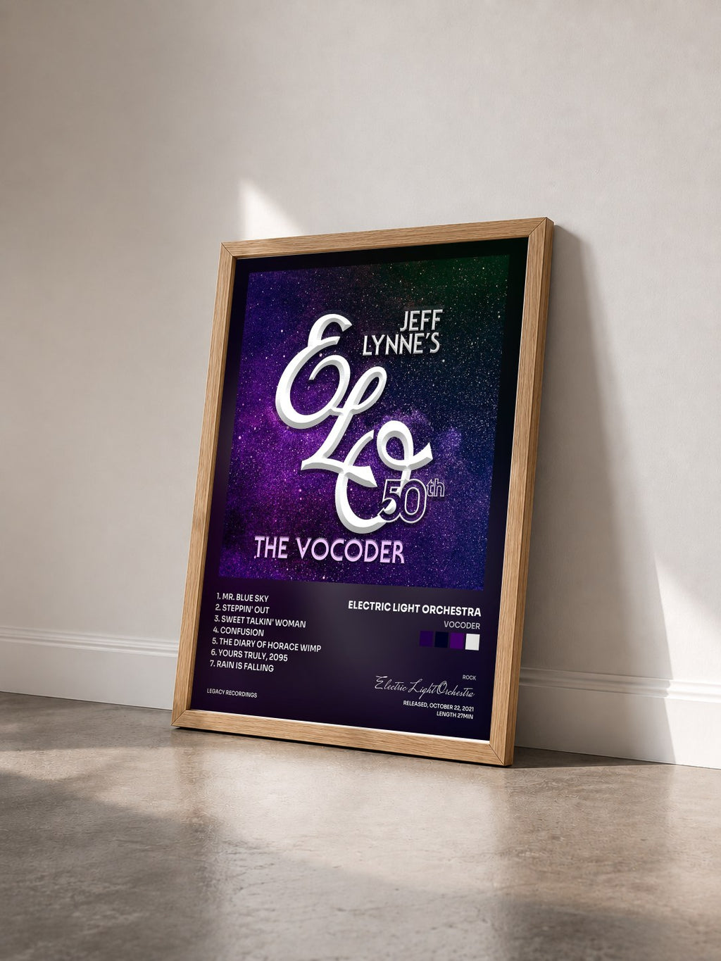 #bois Tableau de l'album Vocoder de Electric Light Orchestra vu de trois quarts, cadre en bois brut