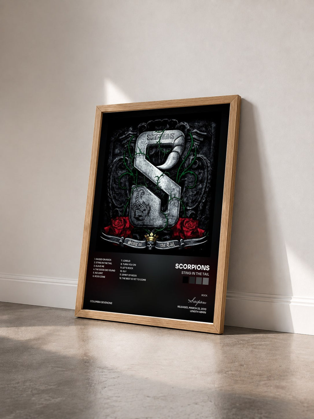 #bois Tableau de l'album Sting in the Tail de Scorpions vu de trois quarts, cadre en bois brut