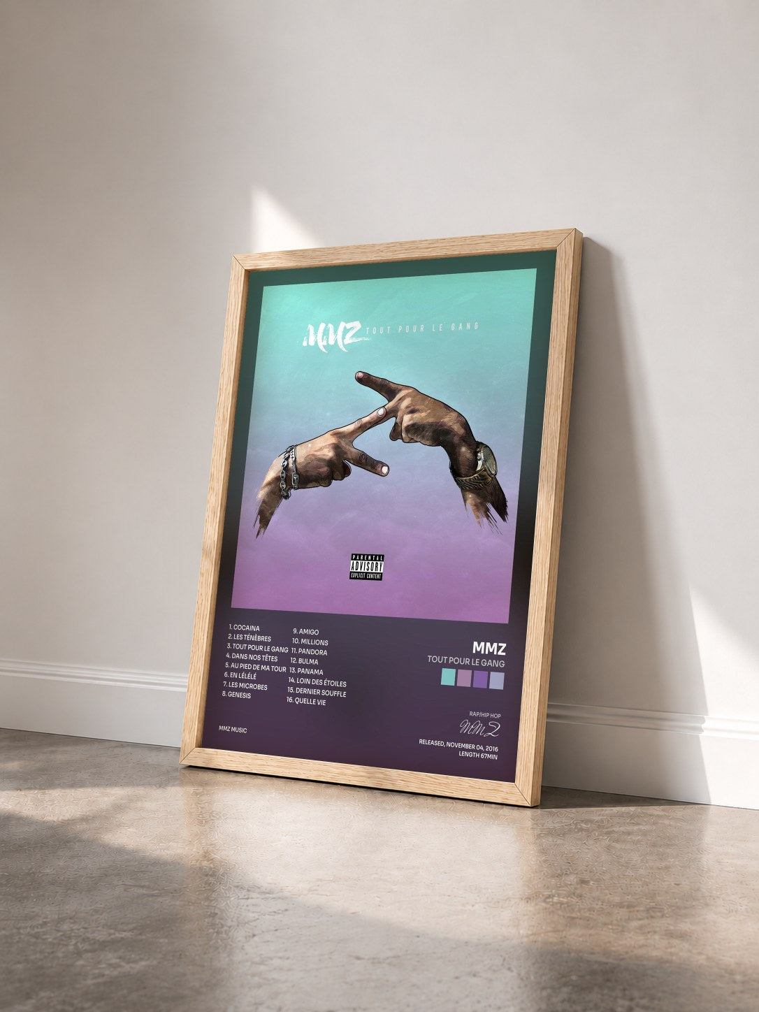 #bois Tableau de l'album Tout pour le gang de MMZ vu de trois quarts, cadre en bois brut