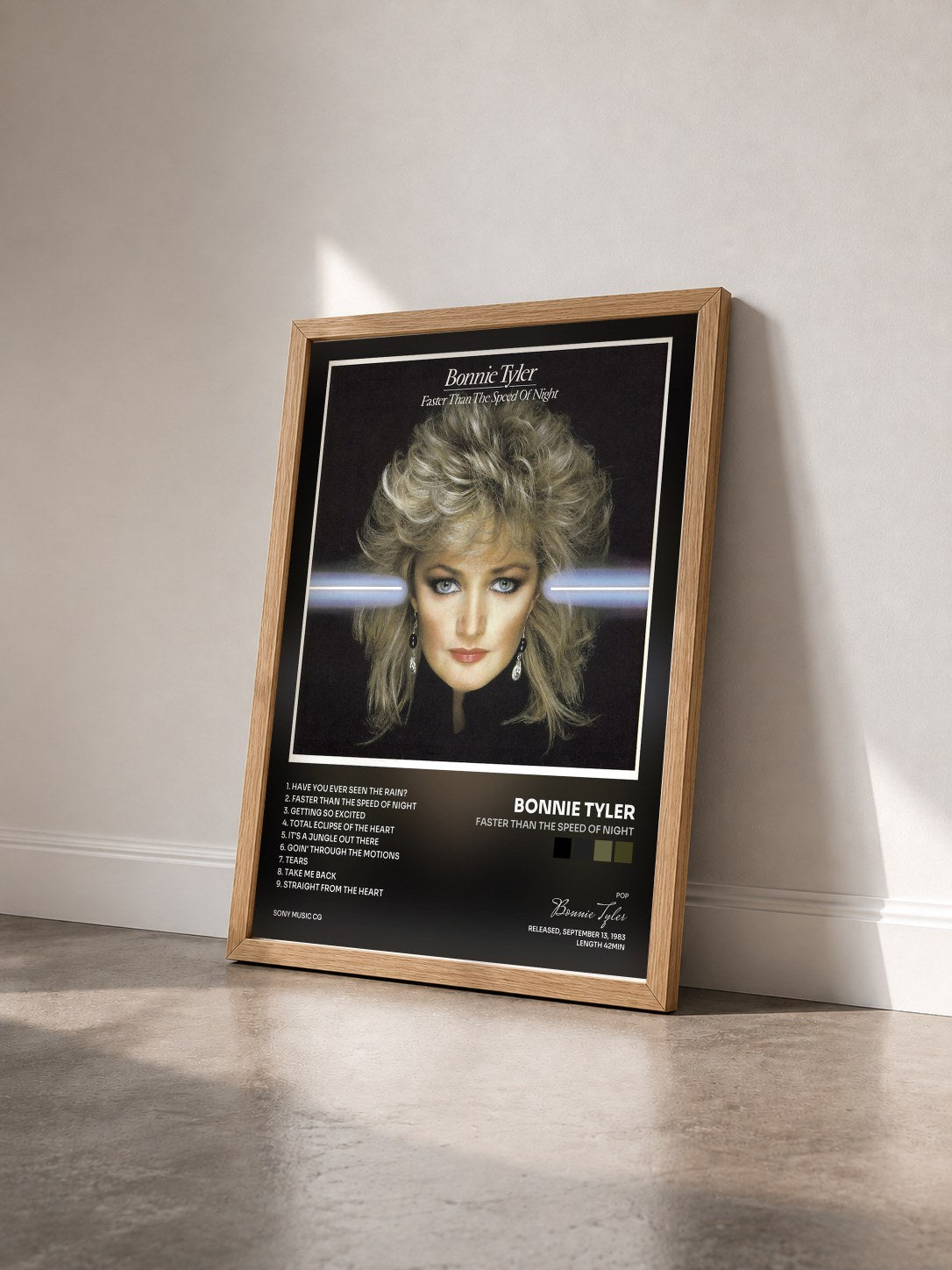 #bois Tableau de l'album Faster Than the Speed of Night de Bonnie Tyler vu de trois quarts, cadre en bois brut