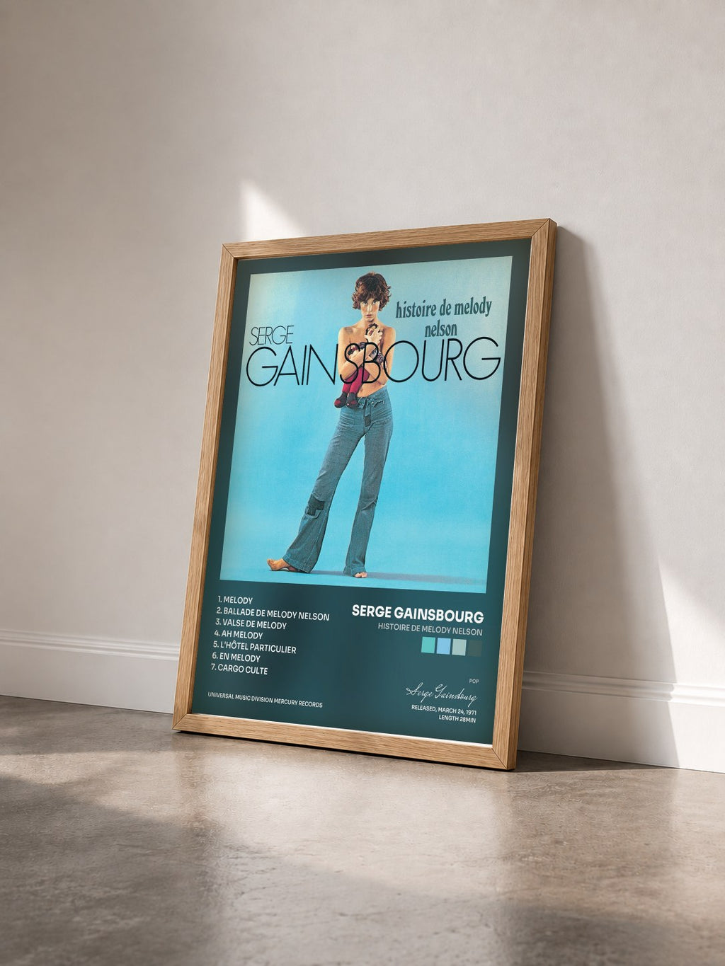 #bois Tableau de l'album Histoire de Melody Nelson de Serge Gainsbourg vu de trois quarts, cadre en bois brut