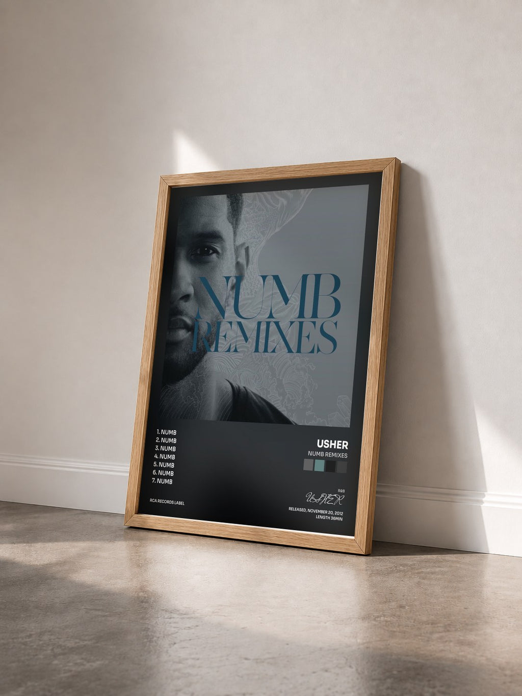 #bois Tableau de l'album Numb Remixes de USHER vu de trois quarts, cadre en bois brut