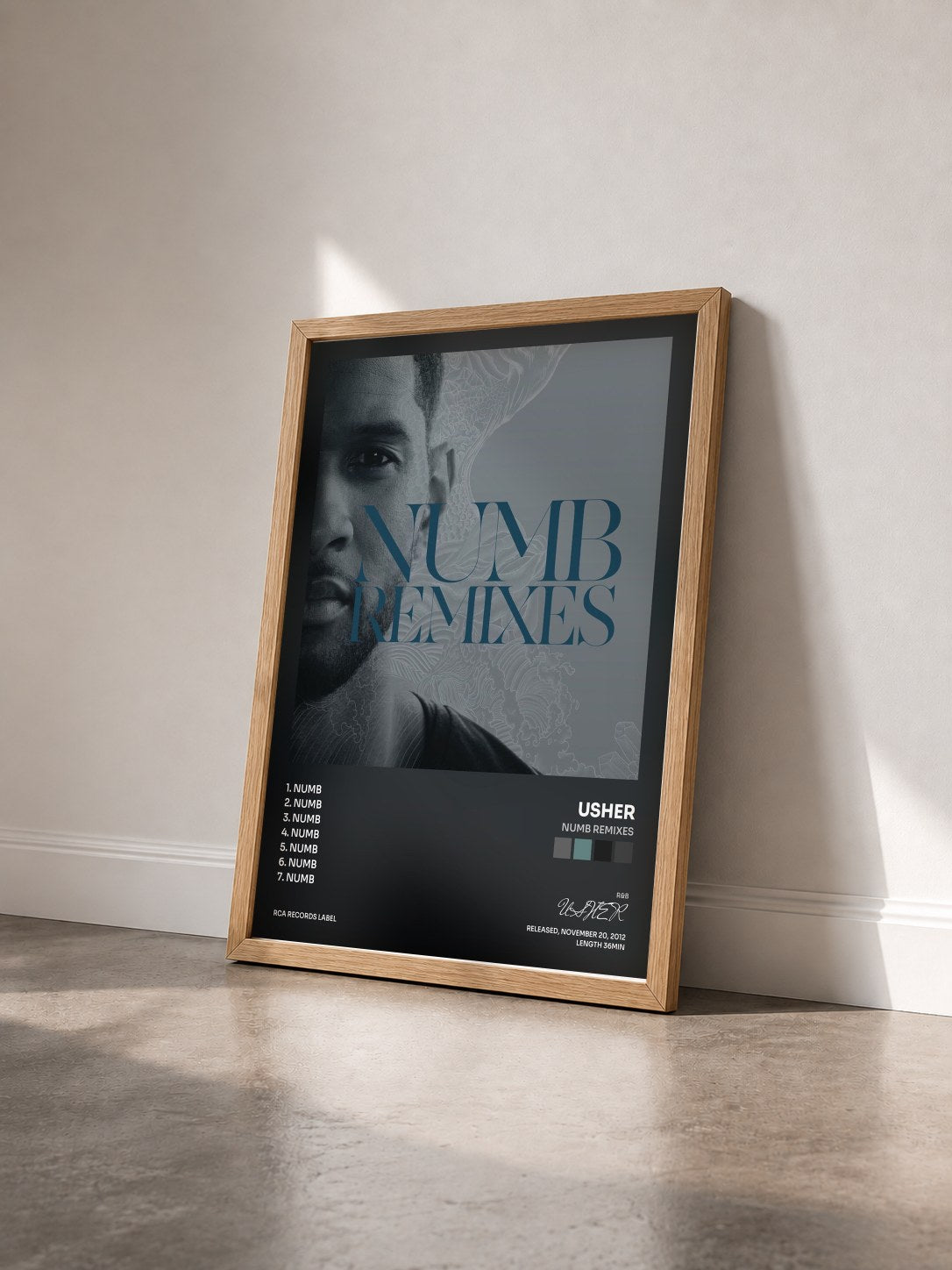 #bois Tableau de l'album Numb Remixes de USHER vu de trois quarts, cadre en bois brut