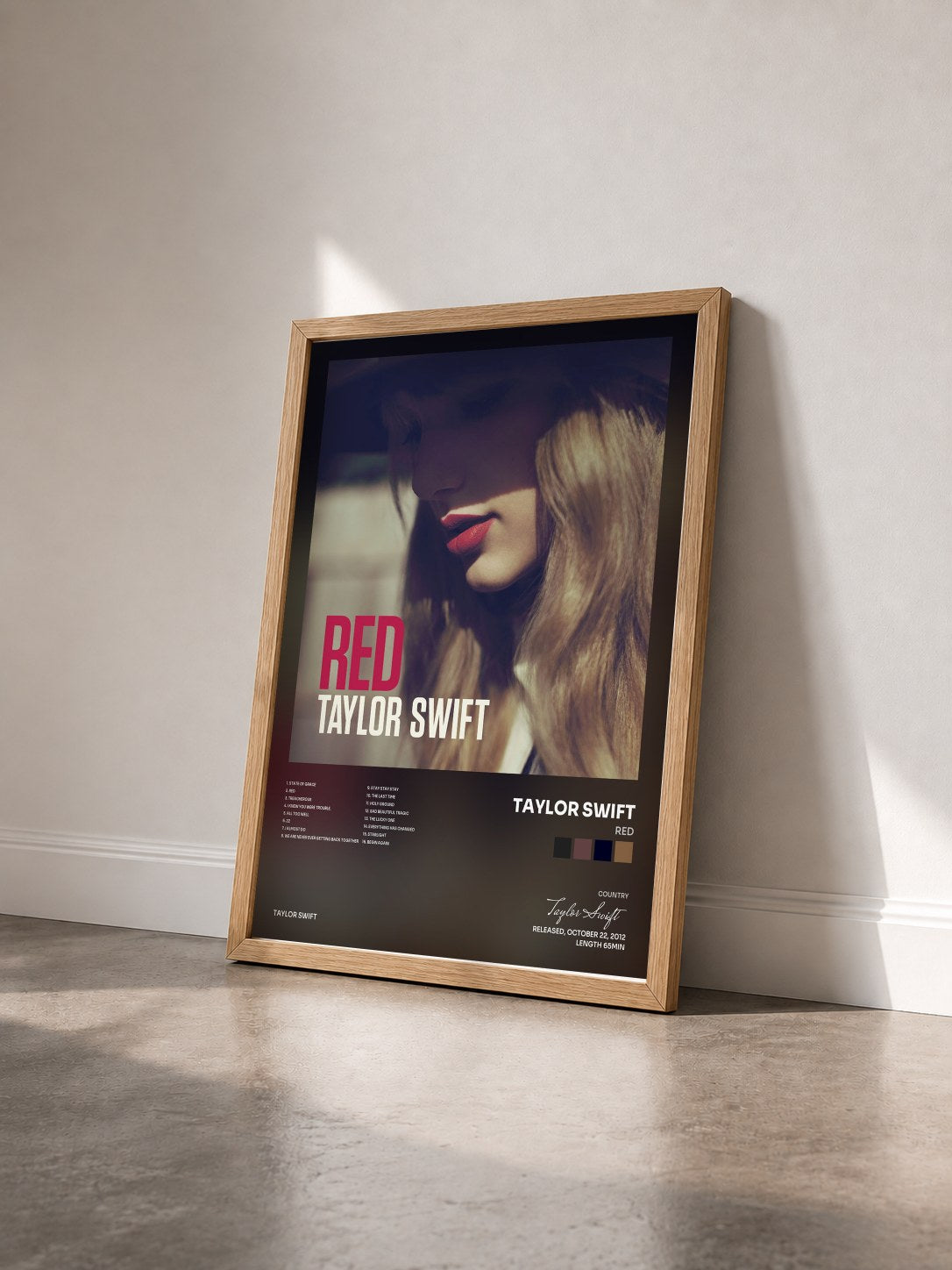 #bois Tableau de l'album Red de Taylor Swift vu de trois quarts, cadre en bois brut